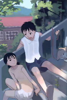 2girls :d absurdres between_legs black_eyes black_hair building day hand_between_legs highres holding holding_leash leash looking_at_another low_twintails mountain multiple_girls open_mouth outdoors railing shade shirt short_hair shorts sitting sitting_on_stairs skirt sleeping sleeveless sleeveless_shirt smile stairs takamichi tree twintails white_shirt