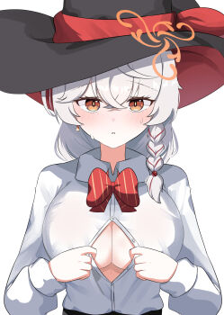 1girl absurdres blue_archive bow braid breasts cleavage collared_shirt commentary_request earrings eri_(blue_archive) hair_between_eyes halo hat highres jewelry large_breasts long_sleeves looking_at_viewer orange_eyes orange_halo red_bow sabnak66 shirt side_braid solo sweat tilted_halo upper_body white_hair witch_hat