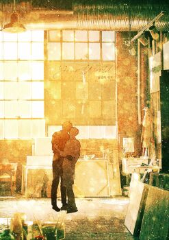 2boys bellta_(kimbellta) bucket ceiling_light commentary_request easel facing_another hand_on_another's_arm hand_on_another's_back highres indoors kim_dokja korean_commentary male_focus multiple_boys omniscient_reader's_viewpoint scenery shop short_hair silhouette watercolor_effect yoo_joonghyuk