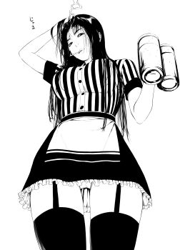 Rule 34 | absurdres, apron, black garter straps, black shirt, breasts, cigarette, collared shirt, commentary request, cup, drinking glass, from below, garter straps, highres, holding, holding cup, kakitama, large breasts, lips, long hair, miniskirt, original, panties, shirt, short sleeves, simple background, skirt, smoke, smoking, thighhighs, thighs, underwear, white shirt