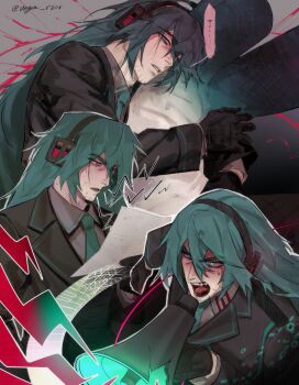 1boy absurdres beard_stubble black_coat black_gloves blue_eyes blue_hair blue_necktie coat collared_shirt facial_hair genderswap genderswap_(ftm) gloves grey_background grey_shirt hair_between_eyes hatsune_miku headset highres holding holding_megaphone holding_paper hugging_object long_hair looking_at_viewer male_focus mature_male megaphone miku-oji multiple_views necktie open_mouth paper screaming shirt speech_bubble stubble twitter_username upper_body vega_r201 vocaloid
