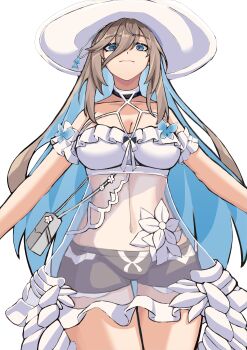 Rule 34 | 1girl, absurdres, aponia, aponia (mesmerizing blue), black shorts, blonde hair, blue eyes, breasts, cleavage, commentary request, dress, hat, highres, honkai (series), honkai impact 3rd, korean commentary, large breasts, long hair, looking at viewer, mole, mole under eye, navel, official alternate costume, pyeong il, see-through clothes, see-through dress, shorts, shorts under dress, solo, sun hat, sundress, thighs, very long hair, white dress, white hat