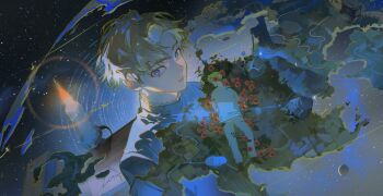 Rule 34 | 1boy, absurdres, black shoes, blonde hair, blue eyes, blue jacket, book, candle, chi.: chikyuu no undou ni tsuite, commentary request, desk, earth (planet), flower, highres, jacket, korean commentary, letter, male focus, multiple views, parted bangs, parted lips, planet, rafal (chi.), red flower, shoes, solo, star (sky), starry sky background, swept bangs, tot 7399, upper body