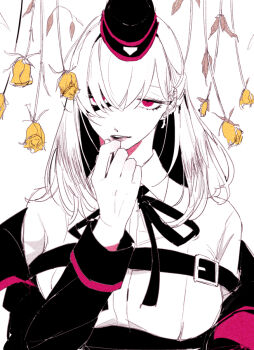 1girl asymmetrical_bangs belted_jacket black_jacket black_ribbon blank_stare breasts collared_shirt commentary dress_shirt earrings empty_eyes eyelashes film_grain flower garrison_cap hagaitaine9 hair_over_one_eye hand_to_own_mouth hand_up hat hypnosis_mic jacket jewelry keitoin_honobono kotonohatoh_uniform large_breasts long_sleeves looking_at_viewer medium_hair neck_ribbon off_shoulder partially_colored partially_shaded_face pink_eyes pink_lips pink_trim ribbon rose shirt simple_background single_earring solo symbolism upper_body white_background white_shirt yellow_flower yellow_rose