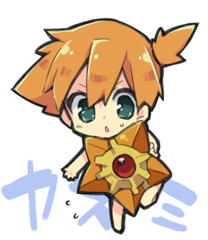 1girl aqua_eyes character_name chibi gen_1_pokemon gym_leader misty_(pokemon) nakamura_sandayo nintendo orange_hair pokemon pokemon_(creature) side_ponytail simple_background sketch staryu white_background