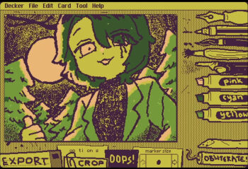 Rule 34 | antlers, art program in frame, coat, forest, full moon, green hair, green theme, highres, hitchhiker a (randal's friends), hitchhiking, horns, moon, nature, neko oven, night, outdoors, pine tree, randal's friends, short hair, thumbs up, tree, wigglypaint (medium)