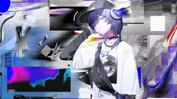 1boy baseball_cap commentary commission english_commentary english_text hair_between_eyes hat headphones highres jewelry necklace original signal_1120 skeb_commission solo