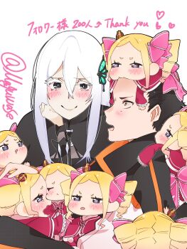 1boy 2girls beatrice_(re:zero) black_capelet black_dress bug butterfly butterfly_hair_ornament capelet colored_eyelashes commentary_request dress echidna_(re:zero) glowing_butterfly green_butterfly hair_ornament highres insect maguwase multiple_girls natsuki_subaru re:zero_kara_hajimeru_isekai_seikatsu striped_clothes striped_dress vertical-striped_clothes vertical-striped_dress white_eyelashes white_hair