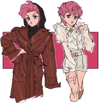 1girl black_headscarf brown_coat coat collar collared_dress cowboy_shot disgust dress frilled_collar frilled_sleeves frills fu_r_y green_eyes hand_on_own_hip hand_on_own_leg headscarf highres jojo_no_kimyou_na_bouken long_sleeves looking_at_viewer multiple_views outline palmar_flexion parted_lips pink_background pink_hair pink_lips pink_theme semi-transparent short_dress short_hair sidelocks trish_una vento_aureo white_background white_dress white_outline