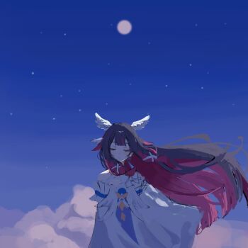 Rule 34 | 1girl, 624 itumo, bare shoulders, black hair, closed eyes, columbina (genshin impact), dress, genshin impact, hair ornament, head wings, highres, long hair, moon, multicolored hair, pink hair, ribbon, sky, solo, streaked hair, two-tone hair, very long hair, white dress, wings