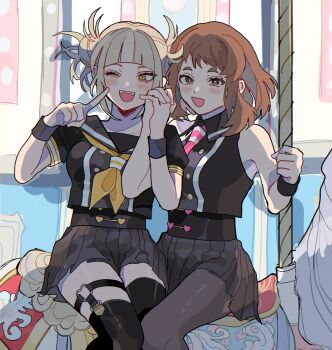 2girls :d alternate_costume arm_up asymmetrical_legwear bags_under_eyes black_legwear blonde_hair blunt_bangs blush boku_no_hero_academia brown_eyes brown_hair buttons carousel couple double-breasted double_bun fangs hair_bun heart heart_print highres holding_hands horse legwear_garter looking_at_viewer messy_hair mismatched_legwear multiple_girls neckerchief necktie one_eye_closed open_mouth pantyhose pink_necktie sailor_collar short_hair sidelocks sidesaddle sitting skirt sleeveless smile toga_himiko uraraka_ochako wristband yellow_eyes yellow_neckerchief yumei_(jigoku101) yuri