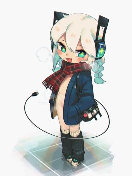 Rule 34 | 1girl, :d, absurdres, aqua eyes, bag, blue coat, blush, braid, breath, coat, commentary, digitan (porforever), electric plug, electric plug tail, english commentary, fang, full body, groin, hair between eyes, hands in pockets, highres, leg warmers, lightning bolt symbol, long hair, long sleeves, naked coat, open clothes, open coat, open mouth, original, pantyhose, plaid clothes, plaid scarf, porforever, robot ears, scarf, shoulder bag, simple background, smile, solo, standing, star-shaped pupils, star (symbol), steaming body, symbol-shaped pupils, tail, twin braids, white background, white hair, white pantyhose, winter clothes