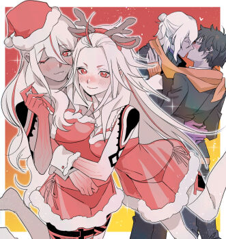 2boys 2girls :3 absurdres ai_the_somnium_files ai_the_somnium_files:_nirvana_initiative aiba_(ai_the_somnium_files) animal_ear_hairband animal_ears antlers bikini bikini_bottom_only black_hair black_jacket black_pants blush border breasts bright_pupils christmas closed_eyes commentary commentary_request dark-skinned_female dark_skin date_kaname deer_ears dress english_commentary fake_animal_ears fake_antlers fur-trimmed_dress fur-trimmed_wrist_cuffs fur_trim gloves gradient_background hair_between_eyes hair_bun hairband hat highres horns jacket kiss large_breasts long_hair looking_at_viewer medium_breasts medium_hair mixed-language_commentary mole mole_under_mouth multicolored_hair multiple_boys multiple_girls one_eye_closed ookutsuwa_waga orange_sweater pants purple_gloves red_background red_dress red_eyes red_hat red_streaks reindeer_antlers ryuki_kuruto santa_hat scarf see-through_clothes shared_clothes shared_scarf sleeves_past_wrists smile streaked_hair sweater swimsuit tama_(ai_the_somnium_files) two-tone_hair very_long_fingernails very_long_hair white_border white_hair white_pupils white_wrist_cuffs wrist_cuffs yaoi yellow_background