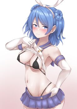 1girl absurdres bikini black_bikini black_panties blue_eyes blue_hair blue_skirt blush braid breasts clothes_lift commentary_request commission cosplay covered_erect_nipples crop_top double_bun elbow_gloves gloves gradient_background hair_bun hairband highleg highleg_panties highres kantai_collection long_hair medium_breasts medium_hair micro_bikini navel onozuka_yuruo panties pink_background sailor_collar school_uniform serafuku shimakaze_(kancolle) shimakaze_(kancolle)_(cosplay) shirt_lift skeb_commission skirt swimsuit underwear urakaze_(kancolle) white_gloves