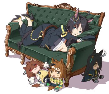 1girl absurdres agnes_tachyon_(tach-nology)_(umamusume) agnes_tachyon_(umamusume) ahoge animal_ears asdf_4532 black_hair blue_eyes breasts character_doll couch doll fuji_kiseki_(shooting_star_revue)_(umamusume) fuji_kiseki_(umamusume) hair_between_eyes hashtag-only_commentary highres horse_ears horse_girl jungle_pocket_(champion&#039;s_battle_cry)_(umamusume) jungle_pocket_(umamusume) long_sleeves looking_at_viewer lying manhattan_cafe_(creeping_black)_(umamusume) manhattan_cafe_(umamusume) multicolored_hair on_couch short_hair umamusume white_hair