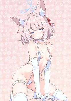 1girl absurdres all_fours animal_ear_fluff animal_ears bare_shoulders blue_archive blue_eyes blue_halo breasts elbow_gloves fox_ears gloves halo highres looking_at_viewer mo_mo_mo79 niko_(blue_archive) pink_hair short_hair skindentation slingshot_swimsuit small_breasts solo swimsuit thigh_strap thighhighs white_gloves white_slingshot_swimsuit white_thighhighs