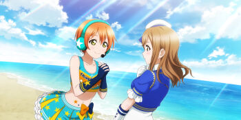 2girls anime_coloring aqua_skirt back bare_shoulders beach blue_gloves blue_jacket blue_sky blush breasts brown_eyes brown_hair closed_mouth cloud collarbone crop_top day eye_contact fingerless_gloves frilled_gloves frilled_skirt frilled_sleeves frills from_side gloves hair_between_eyes hand_on_own_chest hand_up hands_up hat headphones headset highres horizon hoshizora_rin in-franchise_crossover interlocked_fingers jacket kunikida_hanamaru light_rays looking_at_another love_live! love_live!_school_idol_festival_all_stars love_live!_school_idol_project love_live!_sunshine!! medium_breasts medium_hair midriff miniskirt multiple_girls navel ocean official_alternate_costume official_art open_mouth orange_hair outdoors own_hands_clasped own_hands_together profile raised_inner_eyebrows ribbon sand short_hair short_sleeves skirt sky small_breasts smile star_(symbol) star_print star_tattoo sunbeam sunlight takaramonozu tattoo upper_body water white_gloves white_hat white_skirt yellow_eyes