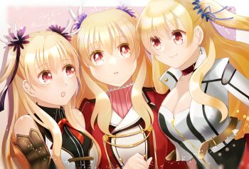 Rule 34 | 1girl, alisa reinford, border, bow, bowtie, breasts, choker, cleavage, double-parted bangs, earrings, eiyuu densetsu, floating hair, hair between eyes, highres, jewelry, kurukuru mekuru, large breasts, long hair, pink background, red bow, red bowtie, red eyes, school uniform, sen no kiseki, sen no kiseki (series), sen no kiseki i, sen no kiseki ii, sen no kiseki iii, sideburns, simple background, smile, thors military academy class vii uniform, twintails, white border