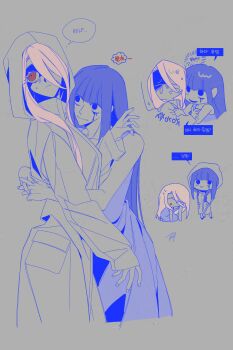 Rule 34 | 2girls, absurdres, adashino adami, bbabbamis2, blue dress, blue hair, commentary request, cosplay, costume switch, dress, english text, grey background, hair over one eye, highres, homicipher, hood, hood up, hug, korean commentary, long hair, mixed-language text, ms. blue-clad, multiple girls, multiple views, pink hair, raincoat, red eyes, ringed eyes, simple background, very long hair