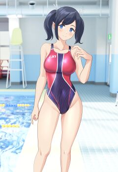 1girl absurdres alternate_costume black_hair blue_eyes breasts competition_swimsuit covered_navel hair_ribbon highleg highleg_one-piece_swimsuit highres indoors kantai_collection large_breasts long_hair multicolored_swimsuit one-piece_swimsuit pool poolside purple_one-piece_swimsuit red_one-piece_swimsuit ribbon smile souryuu_(kancolle) swimsuit takafumi twintails white_ribbon