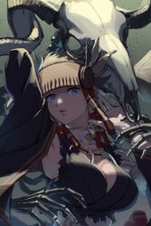 Rule 34 | 1girl, animal skeleton, bito kibi, blonde hair, blue eyes, breasts, cleavage, detached sleeves, feather hair ornament, feathers, hair ornament, headband, highres, jewelry, large breasts, necklace, selvie (unicorn overlord), short hair, solo, unicorn overlord