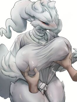 Rule 34 | 1boy, absurdres, breasts, commentary request, gen 5 pokemon, grabbing another's breast, groping, highres, huge breasts, legendary pokemon, nintendo, nipple stimulation, nipple tweak, pokemon, pokemon (creature), pokephilia, pussy juice, reshiram, shirt, shirt tug, short sleeves, simple background, t-shirt, white background, white shirt, wldud9 9