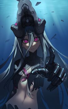 1girl absurdres air_bubble android bags_under_eyes black_hair breast_curtains breasts bubble c0ffeenn closed_mouth commentary cowboy_shot groin hair_between_eyes headgear highres lamia_(npc)_(pgr) lamia_(pgr) long_bangs long_hair looking_at_viewer mechanical_arms mechanical_hands mechanical_tail medium_breasts mermaid midriff monster_girl navel punishing:_gray_raven purple_eyes reaching reaching_towards_viewer sidelocks solo tail underboob underwater very_long_hair