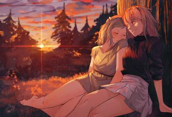 2girls against_tree arm_support black_sweater blonde_hair brown_dress closed_eyes closed_mouth commentary diffraction_spikes dress fire_emblem forest grey_skirt hand_on_another&#039;s_head highres looking_at_another medium_hair miniskirt multiple_girls nature nintendo ophelia_(fire_emblem) outdoors short_dress short_sleeves sitting skirt sky sleeping sleeping_upright smile soleil_(fire_emblem) spindle_(aidenr0) sun sunset sweater sweater_tucked_in three-quarter_sleeves tree turtleneck turtleneck_sweater yuri