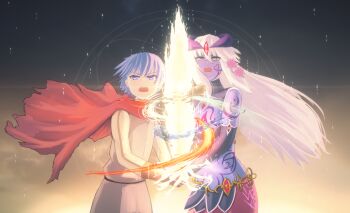 1boy 1girl alipheese_fateburn_xvi angel_halo_(mon-musu_quest!) black_gloves blue_eyes breast_tattoo breasts brown_gloves cape cleavage colored_skin commentary_request dirt elbow_gloves energy eye_tattoo fire floating_cape floating_hair flower gloves hair_between_eyes hair_flower hair_ornament highres holding holding_sword holding_weapon horns jewelry lamia large_breasts long_hair long_sleeves looking_up luka_(mon-musu_quest!) magic_circle mon-musu_quest! monster_girl open_mouth purple_hair purple_skin red_cape sharing short_hair spoilers sword tattoo teeth to_kage_p upper_teeth_only v-shaped_eyebrows water weapon white_hair wind yellow_eyes