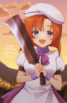 1girl :d back_bow blue_eyes blue_wrist_cuffs blush bow breasts character_name commentary dot_nose dress forest happy_birthday hashitsuki_nata hat highres higurashi_no_naku_koro_ni looking_at_viewer medium_breasts medium_hair murara nata_(tool) nature open_mouth orange_hair puffy_short_sleeves puffy_sleeves purple_bow ryuuguu_rena short_sleeves smile solo sunset tree upper_body white_dress white_hat wrist_cuffs