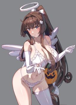 1girl artist_name blush bra breasts brown_hair candy cleavage commentary elbow_gloves food gloves grey_background halloween halo highres himeyamato holding holding_candy holding_food jack-o&#039;-lantern kantai_collection large_breasts long_hair looking_at_viewer navel panties ponytail single_thighhigh solo standing symbol-only_commentary thighhighs underwear underwear_only variant_set very_long_hair white_bra white_gloves white_halo white_panties white_thighhighs yamato_(kancolle)