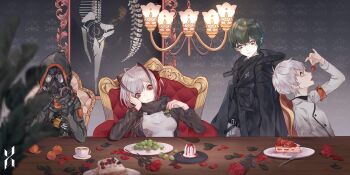 Rule 34 | 1girl, 3boys, antenna hair, arknights, black coat, black gloves, black hair, black jacket, black scarf, cake, cake slice, cengui, chair, chandelier, cherry, coat, cup, demon girl, demon horns, eating, faust (arknights), flower, food, fork, fruit, gas mask, gloves, grapes, grey hair, grey shirt, head rest, highres, holding, holding food, holding fork, hood, hood up, hooded jacket, horns, indoors, jacket, knife, leaf, long sleeves, looking at viewer, mask, mephisto (arknights), multicolored hair, multiple boys, open clothes, open jacket, open mouth, orange (fruit), petals, plate, red eyes, red flower, red rose, rose, scarf, shirt, short hair, sitting, skullshatterer (arknights), smile, strawberry, table, teacup, w (arknights), white hair, white shirt