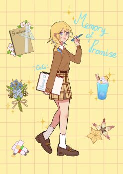 1girl alternate_costume belt blonde_hair blue_eyes blue_flower blue_hair bouquet bright_pupils brown_belt brown_shoes brown_skirt brown_sweater celiena27 character_name commentary cup drink drinking_straw english_commentary english_text eyelashes flower full_body grid_background hair_over_shoulder highres holding holding_pen holding_sketchbook ice kingdom_hearts medium_hair multicolored_hair namine paint_tube pen ribbon ruler shoes simple_background sketchbook skirt smile socks solo sparkle star_(symbol) streaked_hair sweater two-tone_hair whipped_cream white_pupils white_ribbon white_socks yellow_background