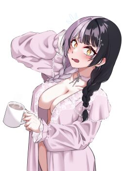 1girl absurdres arm_behind_head arm_up black_hair blunt_bangs braid breasts cleavage commentary_request cup drinking_glass flying_sweatdrops grey_hair highres holding holding_cup hololive hololive_english jacket large_breasts long_hair looking_at_viewer low_twin_braids mmneko multicolored_hair naked_jacket open_mouth pink_jacket shiori_novella simple_background solo split-color_hair transparent_background twin_braids upper_body virtual_youtuber wavy_mouth yellow_eyes