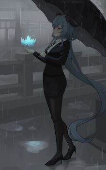 1girl absurdres black_jacket black_pantyhose black_shoes black_skirt black_suit black_umbrella blue_flower blue_hair breasts closed_mouth commentary_request contemporary flower formal_clothes full_body ganyu_(genshin_impact) genshin_impact goat_horns high_heels highres holding holding_umbrella horns jacket long_hair long_sleeves medium_breasts object_floating_above_hand oro_(lsg0624) outdoors pantyhose pencil_skirt purple_eyes rain shoes side_slit skirt skirt_suit smile solo suit umbrella very_long_hair