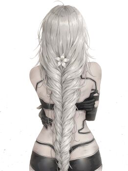 1girl a2_(nier:automata) alternate_hairstyle artelsia artist_name ass braid commentary english_commentary flower from_behind hair_flower hair_ornament highres long_hair lunar_tear nier:automata nier_(series) simple_background solo upper_body very_long_hair white_background white_flower white_hair