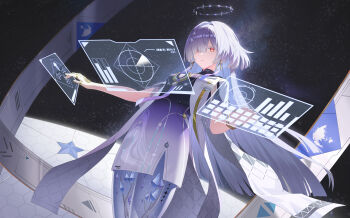 1girl absurdres boost404 breasts closed_mouth colored_eyelashes commentary dress earrings grey_hair hair_intakes hair_ornament halo highres holographic_interface id_card jacket jewelry long_hair looking_at_viewer mornye_(wuthering_waves) night purple_dress red_eyes revision see-through_body sky small_breasts solo space star_(sky) starry_sky tacet_mark_(wuthering_waves) triangle_earrings very_long_hair white_jacket wuthering_waves