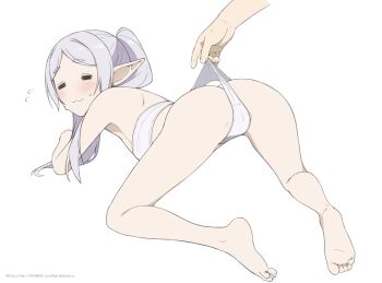 1girl :3 all_fours alternate_costume ass barefoot bikini_bottom_pull blush cameltoe closed_eyes commentary coro_fae english_commentary facing_back feet flying_sweatdrops frieren grey_hair highres long_hair long_pointy_ears pointy_ears simple_background solo sousou_no_frieren white_background