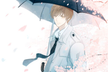 Rule 34 | 1boy, bai qi (love and producer), black necktie, black umbrella, branch, brown eyes, brown hair, cherry blossoms, chinese commentary, closed mouth, collared jacket, collared shirt, commentary request, day, earrings, eyelashes, falling petals, floating clothes, flower, grey jacket, hair between eyes, highres, holding, holding umbrella, jacket, jewelry, lapels, long sleeves, love and producer, male focus, messy hair, miqing, necktie, nostrils, notched lapels, open clothes, open jacket, outdoors, petals, pink flower, shirt, short hair, smile, solo, spring (season), striped clothes, striped necktie, stud earrings, umbrella, umbrella over shoulder, upper body, white background, white shirt, wind