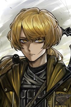 Rule 34 | 1boy, 1mingk, a certain sinclair (project moon), absurdres, animal, animal on shoulder, bird, bird on shoulder, black shirt, blonde hair, claymore (sword), closed mouth, coat, commentary, drawstring, expressionless, eyelashes, facial scar, highres, hood, hood down, hooded coat, limbus company, load bearing vest, long hair, looking at viewer, low ponytail, male focus, open clothes, open coat, ponytail, portrait, project moon, scar, scar on cheek, scar on face, shirt, simple background, sinclair (project moon), solo, swept bangs, symbol-only commentary, trench coat, tsurime, turtleneck, turtleneck shirt, undershirt, weapon, weapon on back, yellow coat, yellow eyes, yellow hood