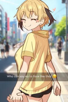 1girl 1other ascot ass black_shorts blonde_hair blush_stickers breasts closed_eyes ebora english_text fate/grand_order fate_(series) gareth_(fate) hair_flaps happy heart higher_resolution_available highres holding_hands jacket large_breasts pov short_shorts shorts smile white_ascot yellow_jacket