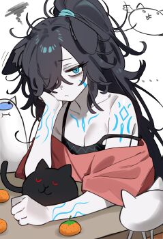 1girl alternate_costume animal_ears bare_shoulders blue_eyes blush body_markings breasts cat_(nyanko_daisensou) cat_ears cleavage closed_mouth collarbone dark_kasli_(nyanko_daisensou) ears_down ebora food fruit hair_over_one_eye hair_tie head_rest highres kasli_(nyanko_daisensou) long_hair looking_at_viewer markings nyanko_daisensou off-shoulder_shirt off_shoulder orange_(fruit) pale_skin ponytail shirt simple_background solo squiggle strap_slip white_background