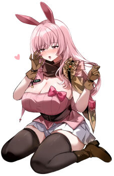 1girl absurdres animal_ears black_thighhighs boots bow breasts brown_boots brown_gloves cleavage commentary_request fellatio_gesture gloves heart highres kneeling large_breasts long_hair open_mouth original pink_bow pink_eyes pink_hair rabbit_ears rabbit_girl skirt thighhighs tongue urabanasimati white_background white_skirt