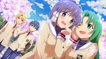 Rule 34 | 2boys, 2girls, artist request, blonde hair, blue eyes, blue hair, blue pants, blue sky, blush, brown jacket, cherry blossoms, clannad, cloud, crossover, embarrassed, emblem, fujibayashi ryou, game cg, green eyes, green hair, hair ribbon, highres, higurashi no naku koro ni, higurashi no naku koro ni mei, hikarizaka private high school uniform, jacket, long hair, long sleeves, multiple boys, multiple girls, necktie, non-web source, official art, okazaki tomoya, one eye closed, open mouth, outdoors, pants, pink eyes, pink petals, purple eyes, purple hair, red necktie, ribbon, school uniform, short hair, sky, smile, sonozaki shion, sparkle, sunohara youhei, white ribbon, yellow ribbon