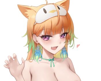 1girl :d ahoge blunt_bangs breasts choker claw_pose cleavage colored_inner_hair commentary earrings english_commentary fang feather_earrings feathers gradient_hair green_feathers green_hair hand_up heart highres hololive hololive_english jewelry large_breasts long_hair looking_at_viewer mask mask_on_head messy_hair multicolored_hair nude open_mouth orange_hair paid_reward_available purple_eyes ribbon_choker simple_background skin_fang sleep_mask smile solo somebody_(leiking00) takanashi_kiara virtual_youtuber white_background
