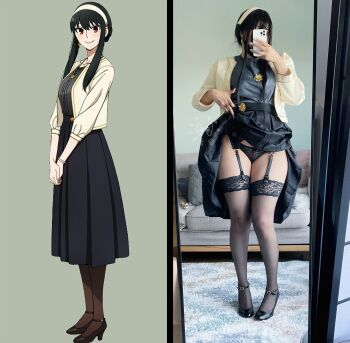 1girl black_hair black_panties black_thighhighs cellphone_photo cosplay_photo ggsonlyxx highres living_room long_hair mirror mirror_selfie panties photo-referenced photo_(medium) selfie slip-on_shoes spy_x_family teasing thick_thighs thighhighs thighs underwear yor_briar