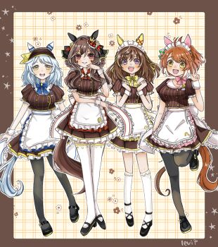 4girls alternate_costume animal_ears breasts brown_eyes brown_hair buena_vista_(umamusume) clenched_hands commentary_request dantsu_flame_(umamusume) gentildonna_(umamusume) grey_hair highres hishi_miracle_(umamusume) horse_ears horse_tail large_breasts levi_asu14 maid_headdress medium_breasts multiple_girls pantyhose purple_eyes standing standing_on_one_leg tail thighhighs umamusume v waitress