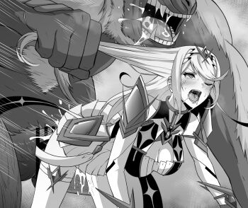 1girl all_fours armor bar_censor breasts censored cleavage clothed_sex crying cum cum_overflow doggystyle drooling empty_eyes eruu_(eruuman) eyebrows facing_viewer gogol_(xenoblade) grabbing_another's_hair hair_ornament half-closed_eyes hetero highres holding_another's_hair interspecies large_breasts long_hair monochrome monolith_soft monster motion_lines mythra_(xenoblade) nintendo one_eye_closed open_mouth penis rape saliva sex sex_from_behind solo_focus spread_legs tears teeth testicles tongue uvula veins veiny_penis xeno_(series) xenoblade_chronicles_(series) xenoblade_chronicles_2