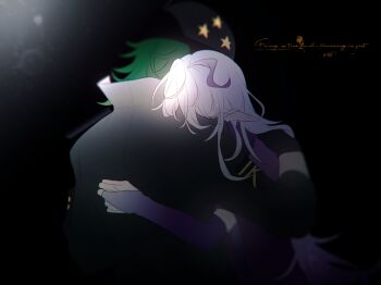 Rule 34 | 2boys, ahoge, androgynous, black background, black gloves, black helmet, black jacket, blurry, bridal gauntlets, chinese commentary, chromatic aberration, collared jacket, commentary request, depth of field, flipped hair, from behind, gatling pea (plants vs. zombies), gloves, gradient hair, green hair, hand on another's back, hand on another's shoulder, head on another's shoulder, helmet, highres, hug, huge ahoge, jacket, light particles, long hair, long sleeves, male focus, medium hair, multicolored hair, multiple boys, personification, plants vs. zombies, plants vs. zombies 2, purple bridal gauntlets, purple robe, robe, shadow peashooter (plants vs. zombies), siiiiiiiiiii, simple background, star (symbol), star print, two-tone hair, upper body, white hair