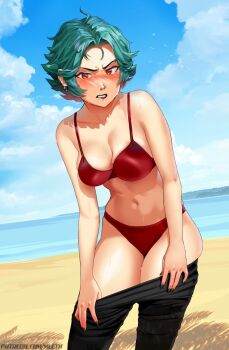 1girl aqua_hair beach black_lips black_pants bra breasts brown_eyes cleavage clenched_teeth cloud cloudy_sky collarbone commentary day earrings english_commentary frown jewelry lipstick looking_at_viewer makeup mleth navel original outdoors panties pants red_bra red_panties short_hair sky solo teeth thea_(mleth) underwear undressing watermark web_address